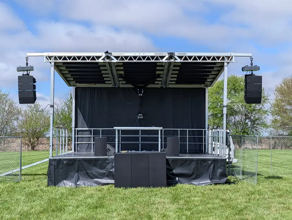 Outdoor stage and line-array audio system for DJ Chuy at Purdue University
