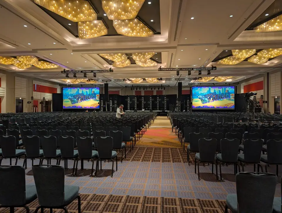 Large ballroom stage prepared for a live audience